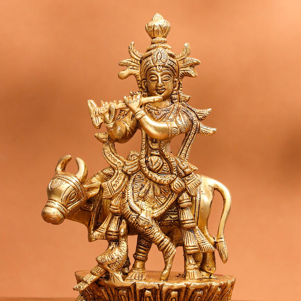 Brass Standing Krishna With Cow Idol (7 Inch) Vedansh Craft