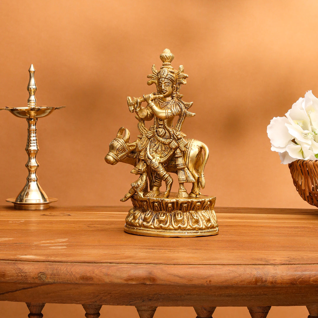 Brass Standing Krishna With Cow Idol (7 Inch) Vedansh Craft