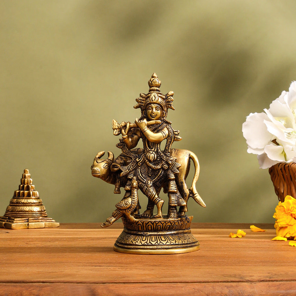 Brass Standing Krishna With Cow Idol (5.5 Inch) Vedansh Craft