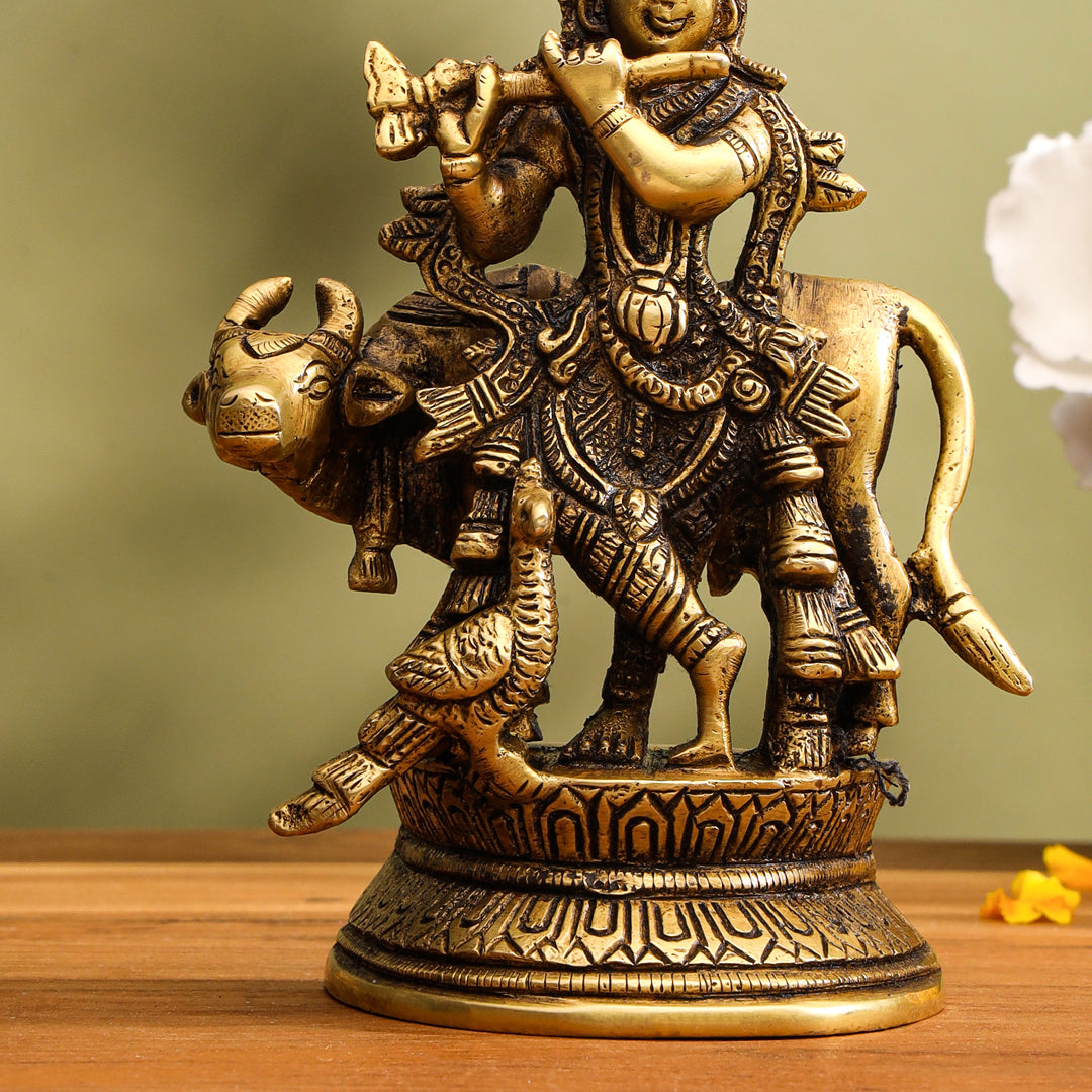 Brass Standing Krishna With Cow Idol (5.5 Inch) Vedansh Craft