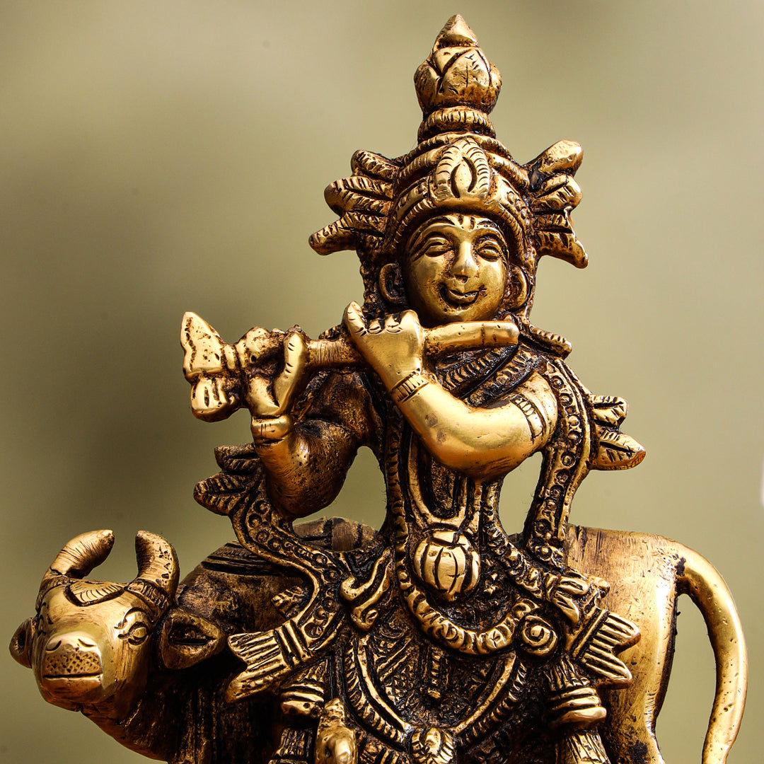 Brass Standing Krishna With Cow Idol (5.5 Inch) Vedansh Craft