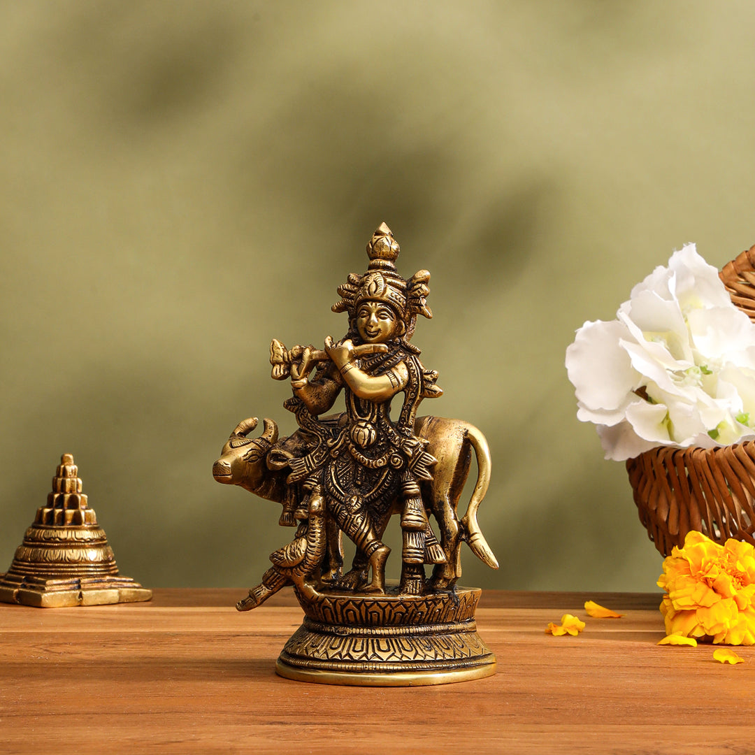 Brass Standing Krishna With Cow Idol (5.5 Inch) Vedansh Craft