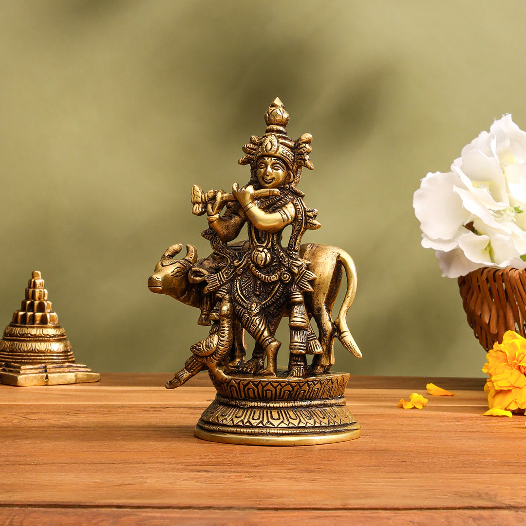 Brass Standing Krishna With Cow Idol (5.5 Inch) Vedansh Craft