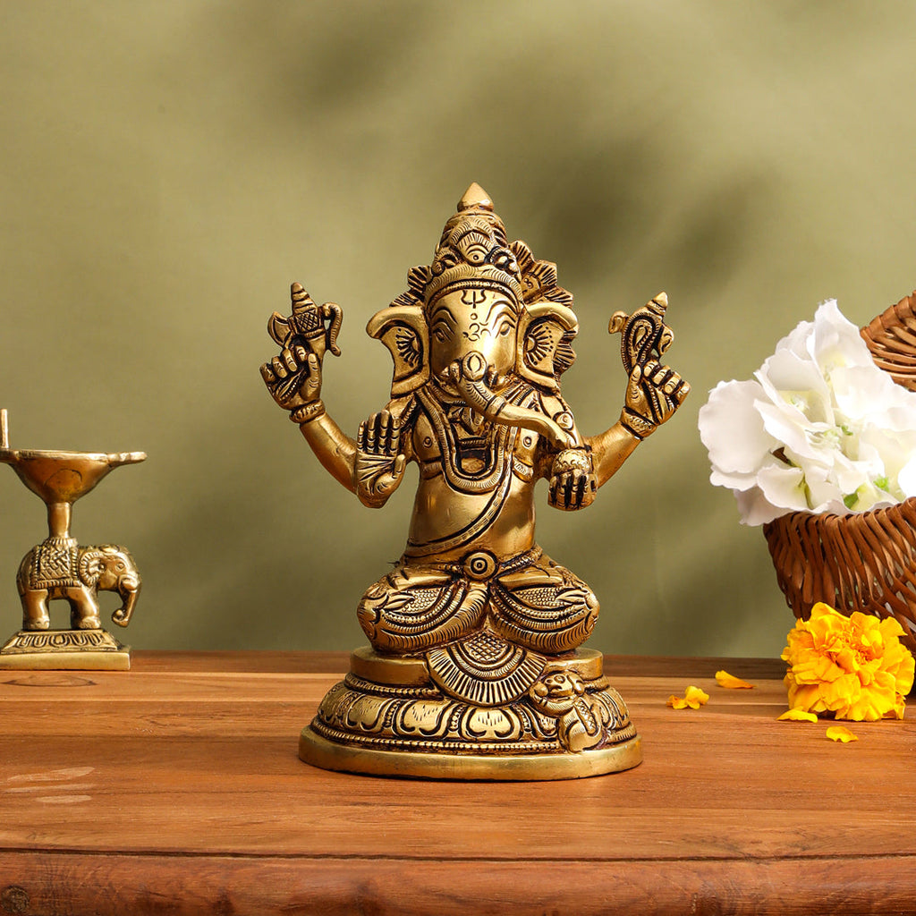 Brass Lord Sitting Ganesha Idol (6.8 Inch) Vedansh Craft