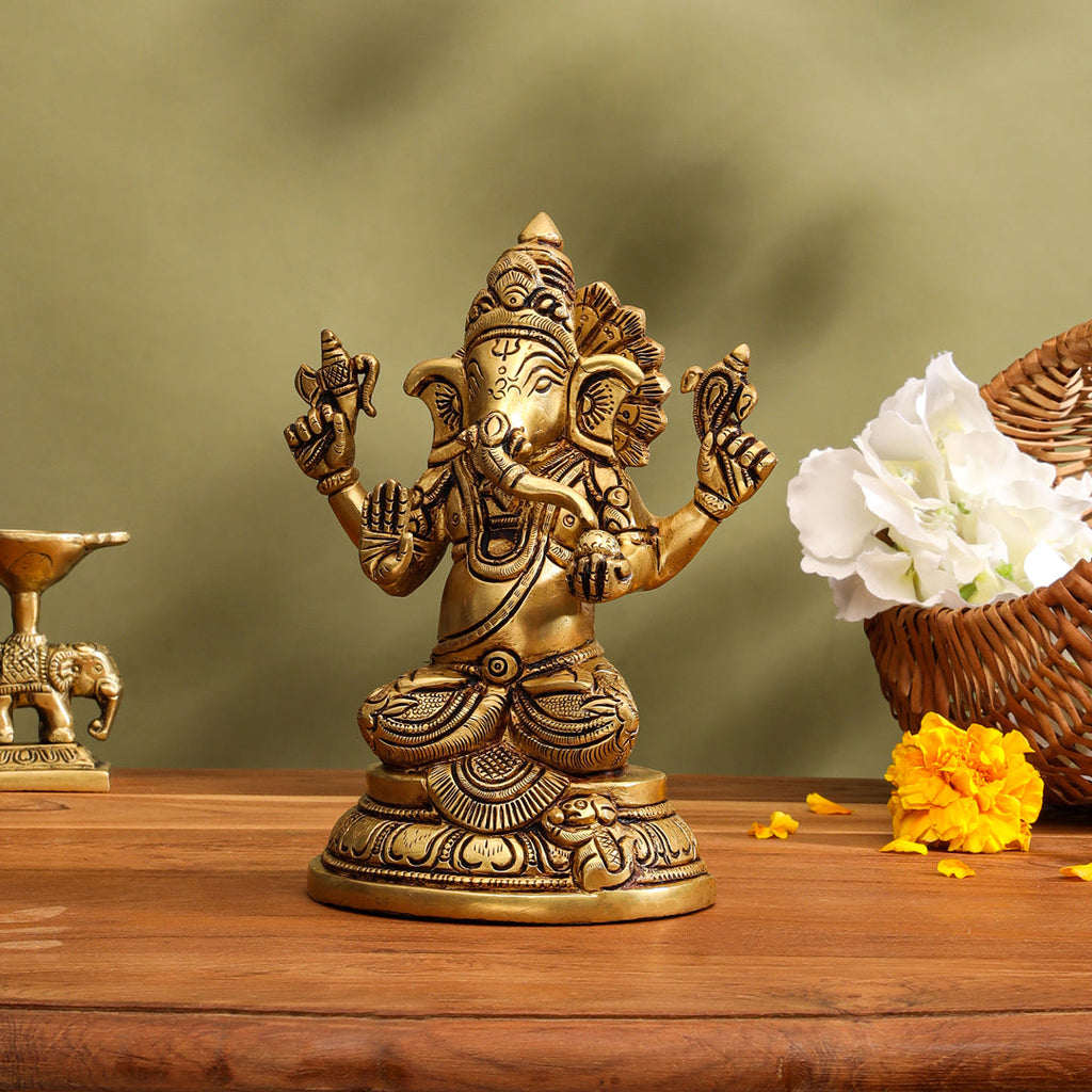 Brass Lord Sitting Ganesha Idol (6.8 Inch) Vedansh Craft