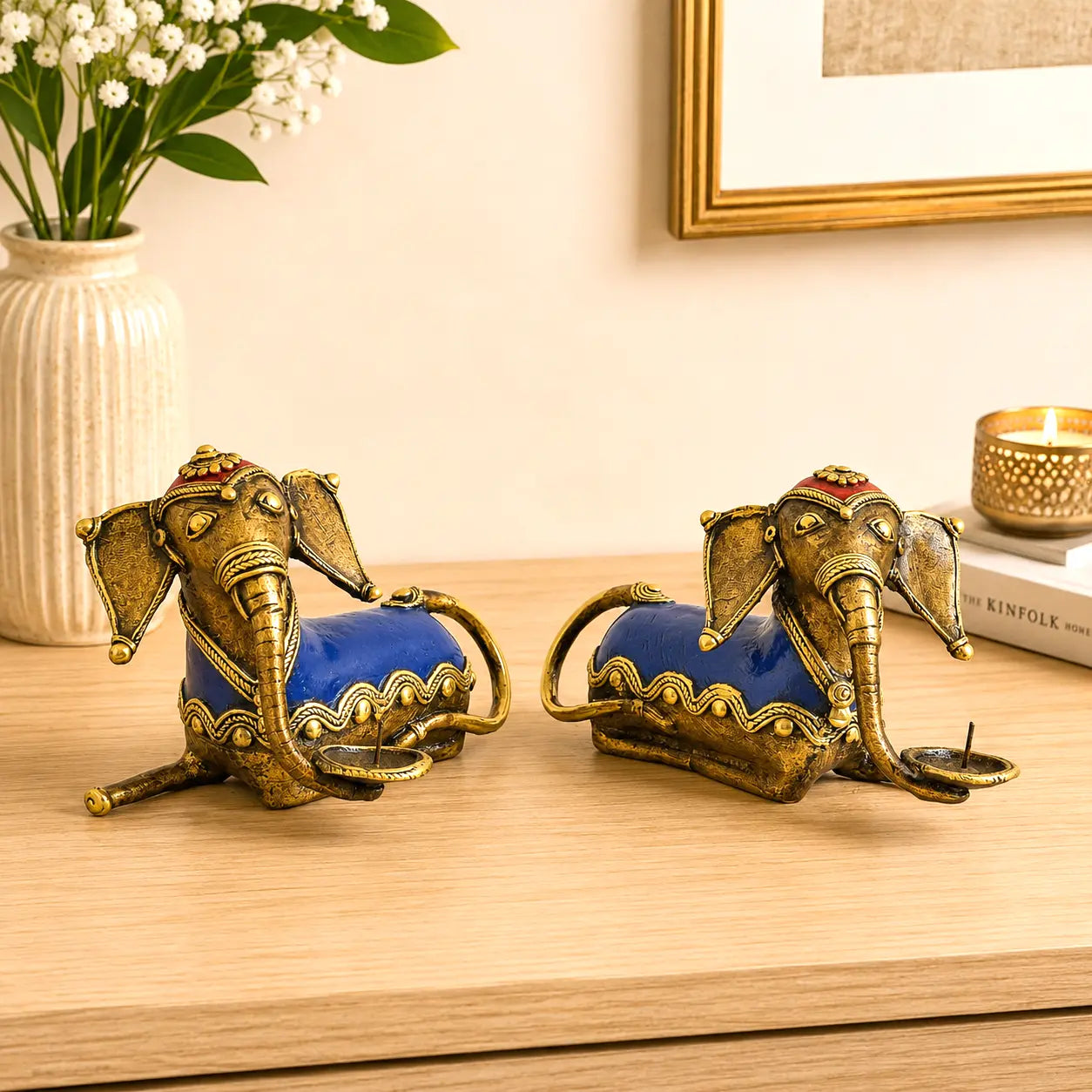 Brass Dhokra Sitting Elephant Statue Set With Candle Holder (5 Inch) Vedansh Craft