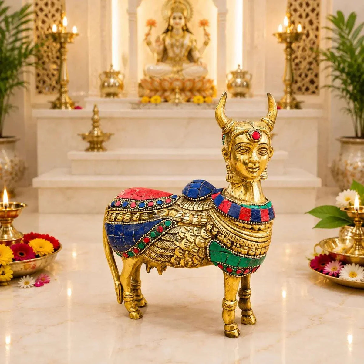 Brass Stone Work Standing Cow Idol Vedansh Craft