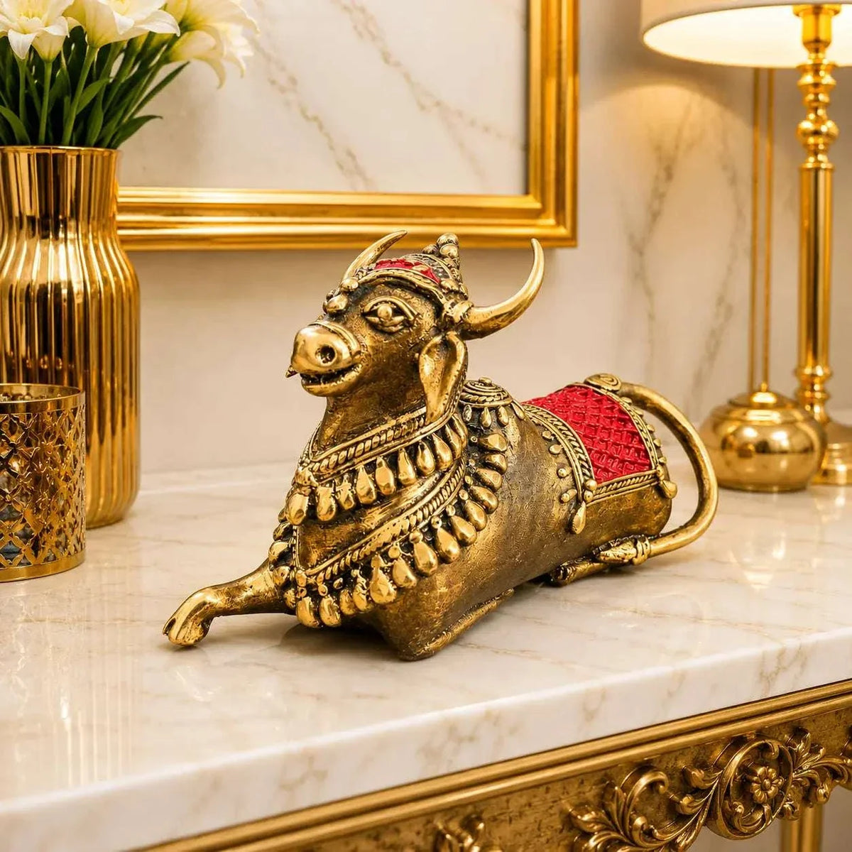 Brass Handcrafted Dhokra Sitting Nandi Idol (4.5 Inch) Vedansh Craft