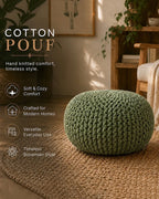 Hand Knitted Sage Green Cotton Pouf Chunky Knit Round Ottoman Footrest