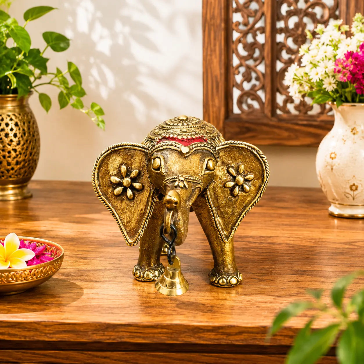 Brass Handcrafted Dhokra Elephant Statue With Bell (5.5 Inch) Vedansh Craft