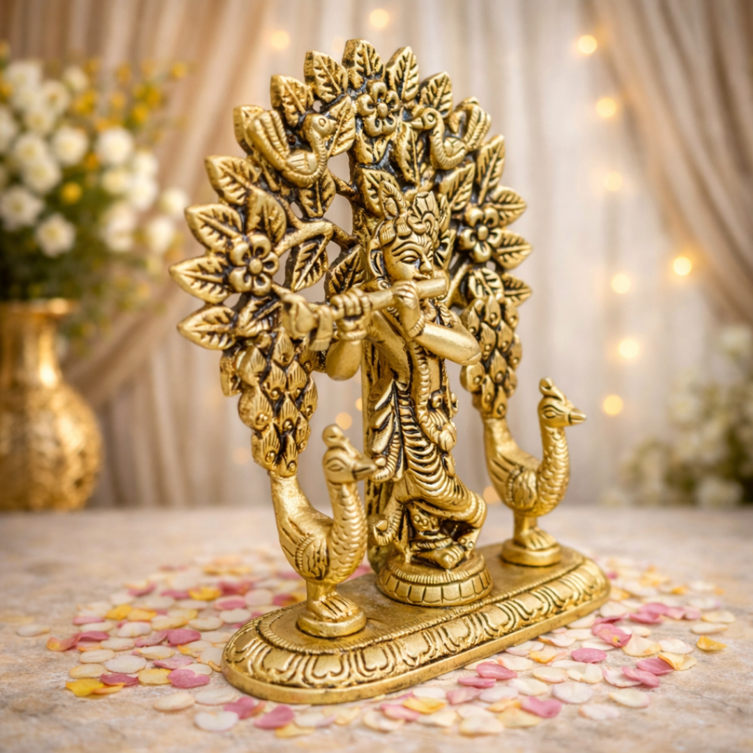 Brass Lord Krishna Standing Statue With Tree And Peacock (5 Inch) Vedansh Craft