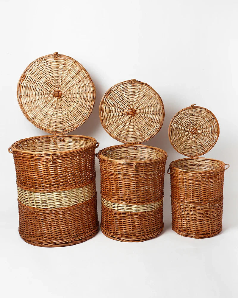 Wicker Laundry Hamper Set of 3 with Lids for Bedroom, Bathroom, and Closet Storage