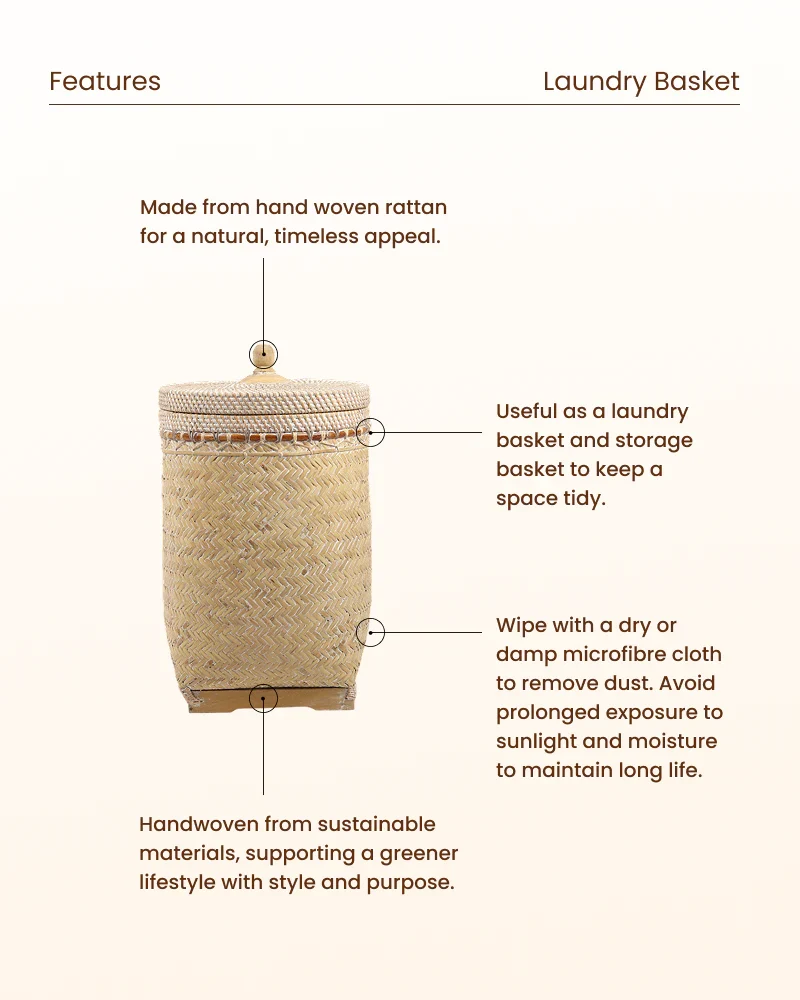 Rattan Laundry Basket with Lid for Home and Bathroom
