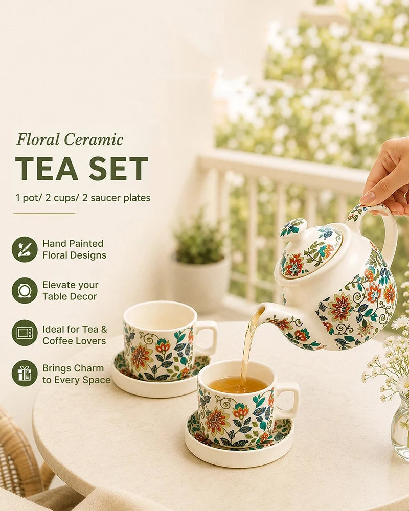 Hand Painted Floral Ceramic Tea Pot Set with Cup & Saucer