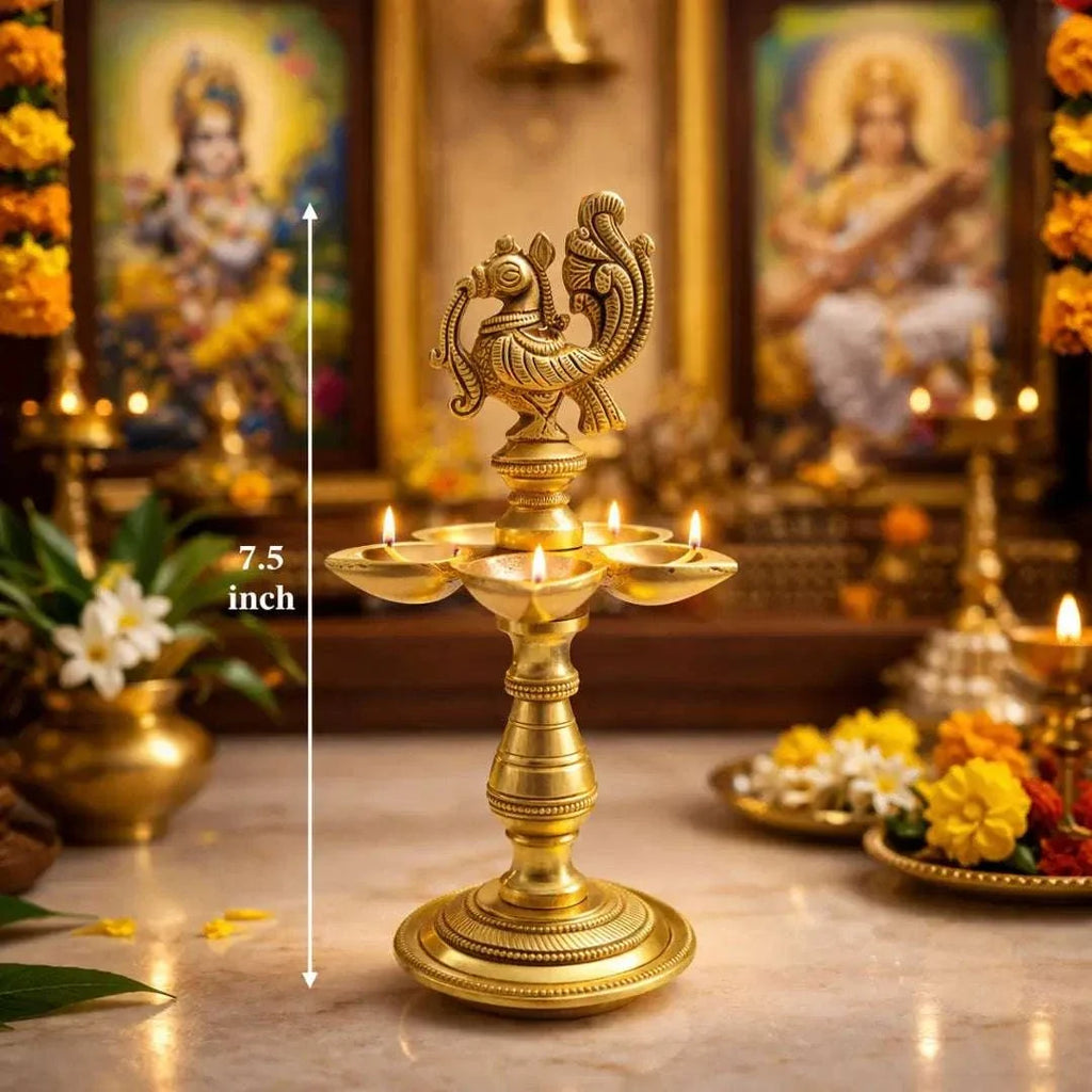 Brass Ethnic Five Petal Peacock Diya / Lamp (7.5 Inch) Vedansh Craft