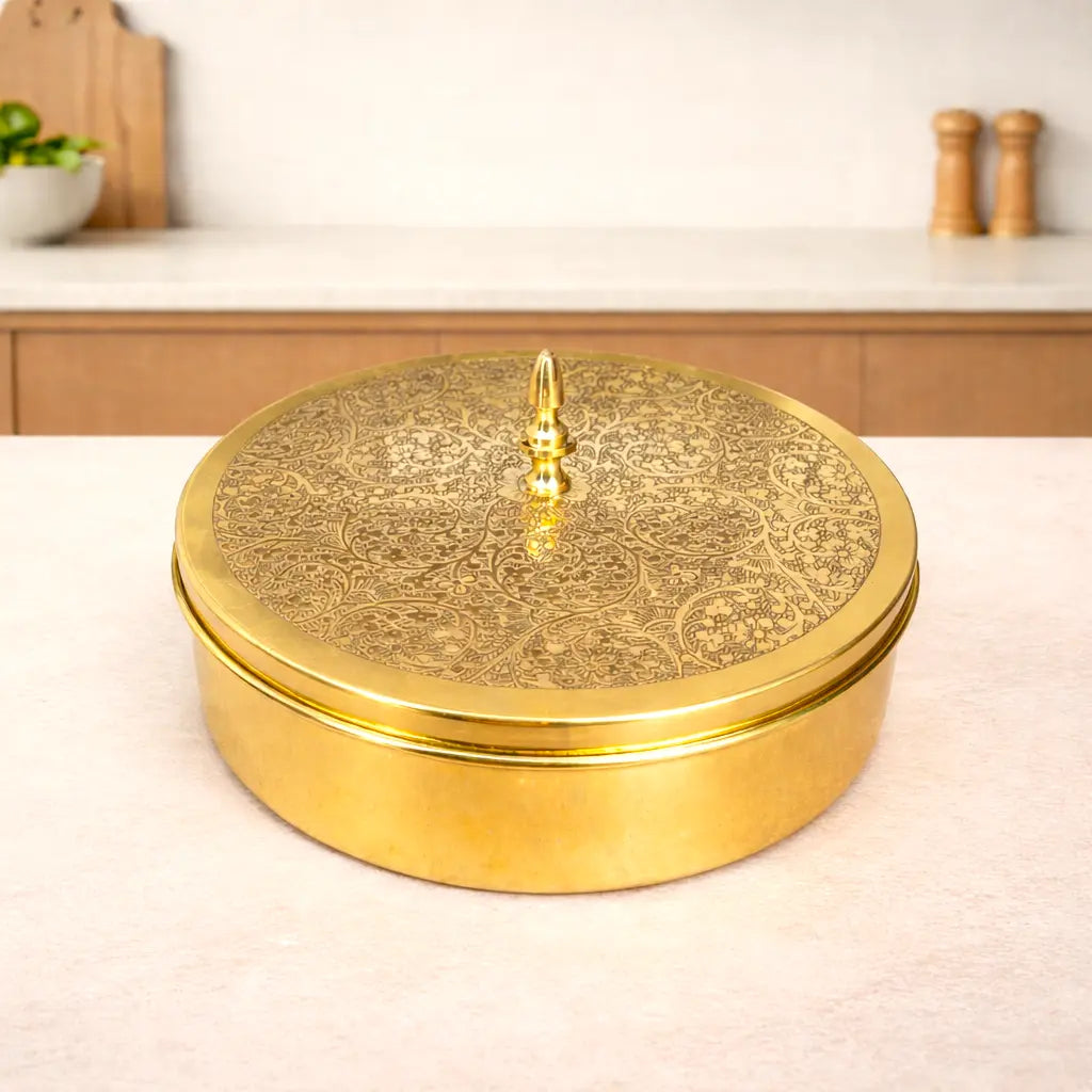 Brass Etched Floral Masala Daani / Spice Box (2.5 Inch) Vedansh Craft