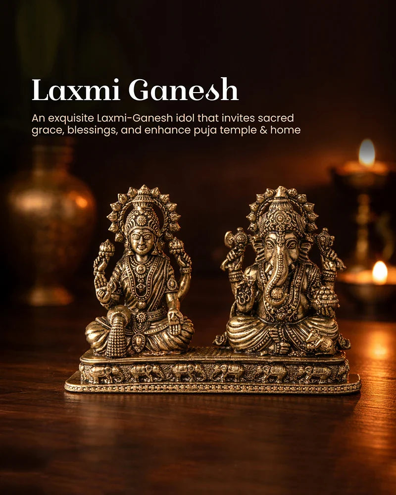 Traditional Brass Laxmi Ganesh Idol for Devotional Rituals and Home Decoration