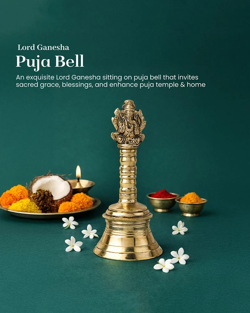 Brass Pooja Bell with Ganesh Sitting on Top for Home Decor