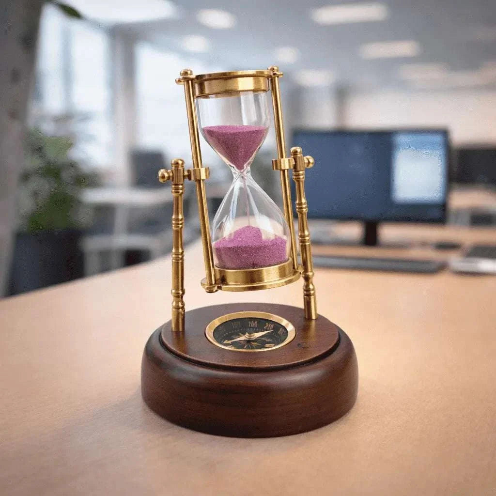 Brass Rotating Sand Clock With Compass And Wooden Stand Vedansh Craft