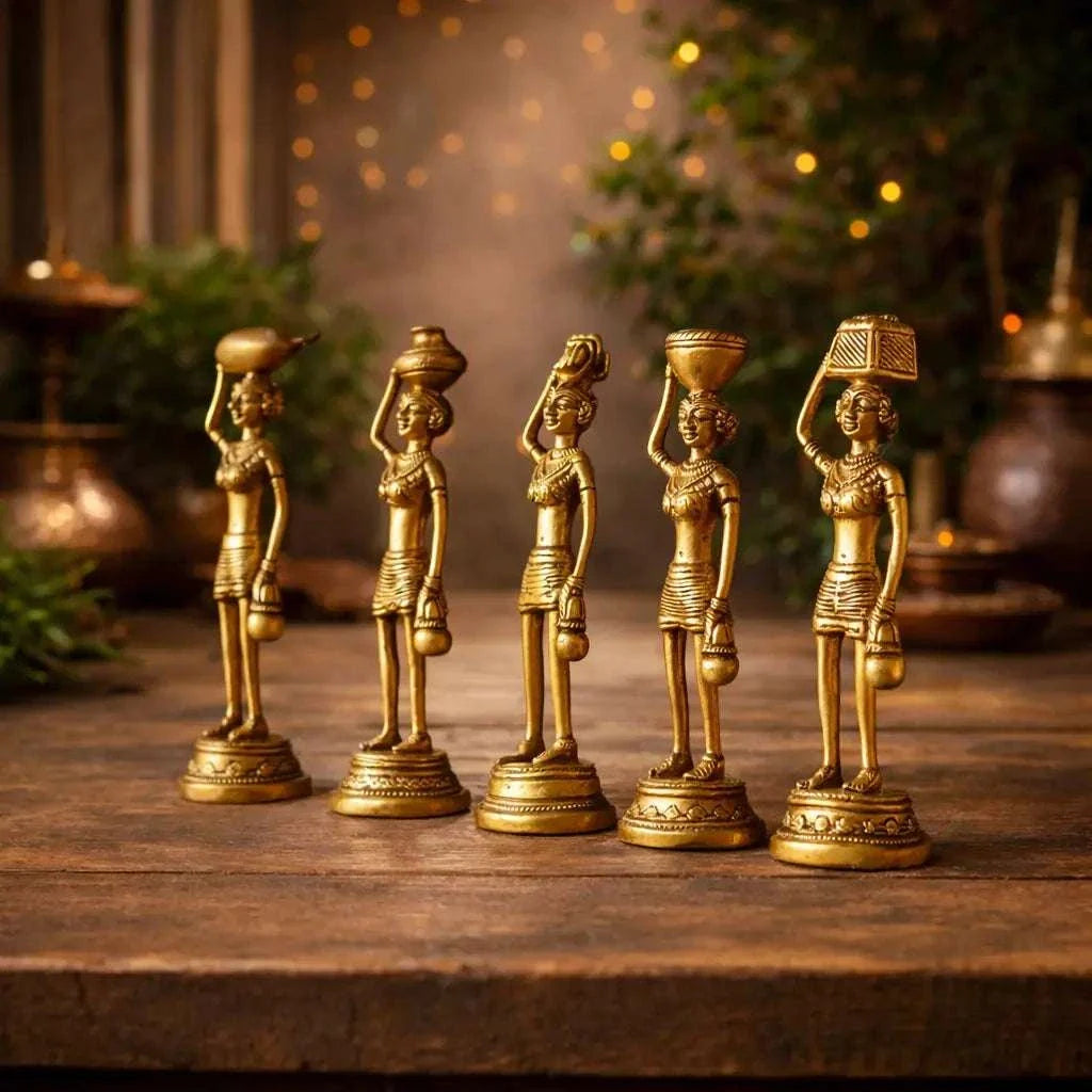 Brass Tribal Lady Statue Decor Set Of Five  (7.5 Inch) Vedansh Craft