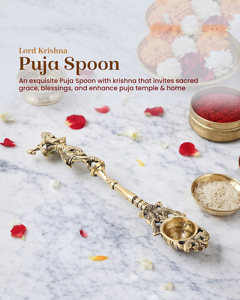 Brass Ritual Spoon with Lord Krishna Idol for Pooja Use