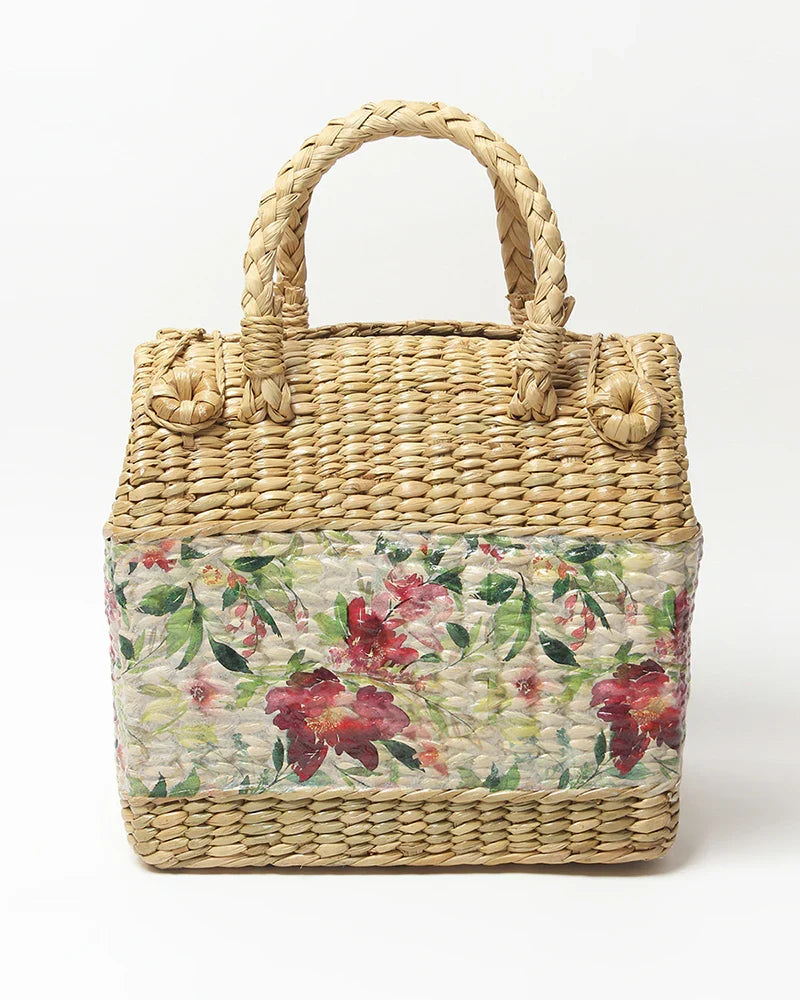 Handmade Seagrass Picnic Basket with Lid for Outdoor Dining & Travel Use