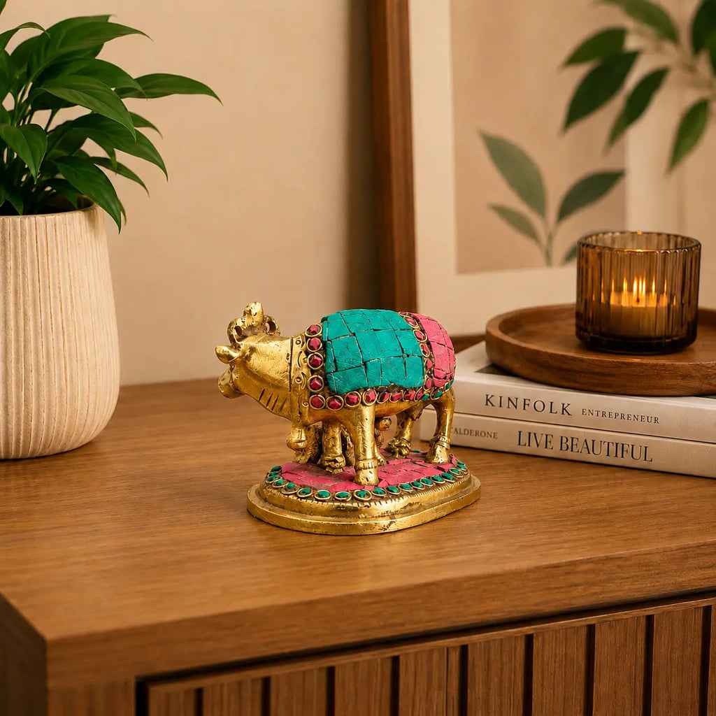 Brass Stone Work Kamdhenu Cow Idol (2.5 Inch) Vedansh Craft