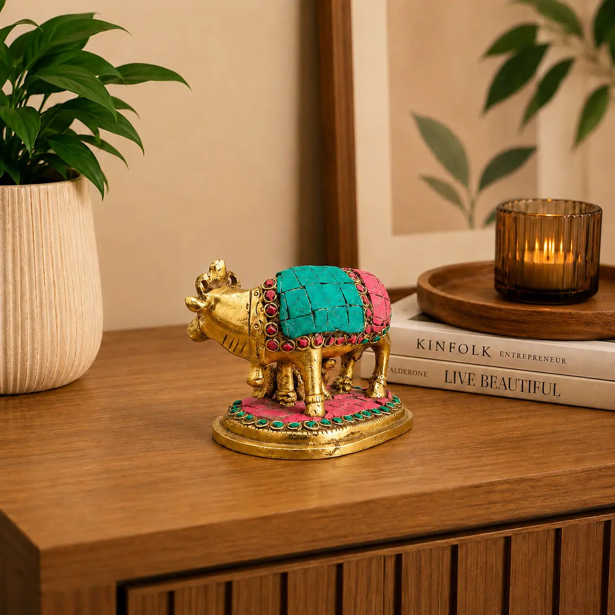 Brass Stone Work Kamdhenu Cow Idol (2.5 Inch) Vedansh Craft