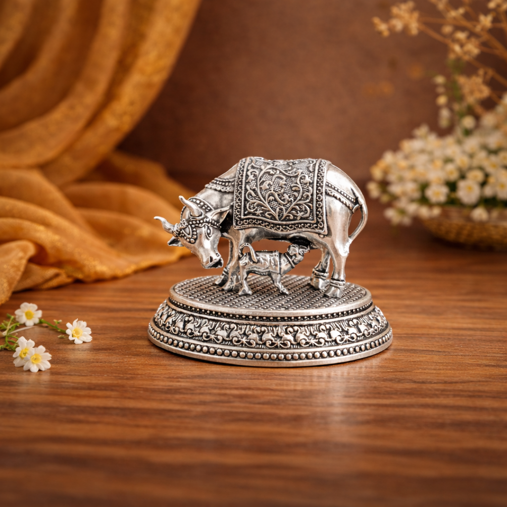 Brass Silver Plated Kamdhenu Cow With Calf Lightweight Idol (2 Inch) Vedansh Craft