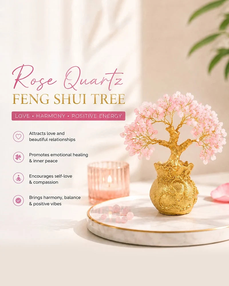 Rare Rose Quartz Crystal Tree in Gold Pot for Love & Positive Energy