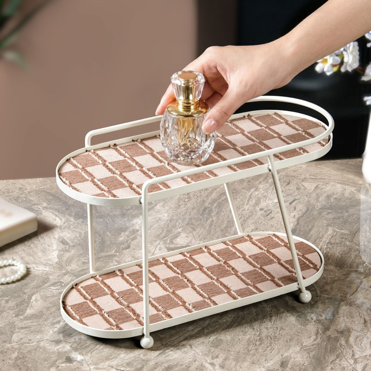 2 Tier Vanity Storage Display Tray White Brown Nestasia