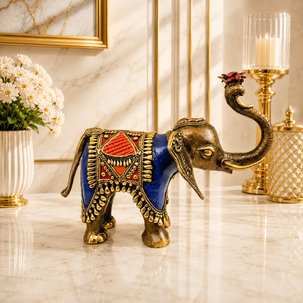 Brass Handcrafted Dhokra Elephant Statue (8.5 inch) Vedansh Craft