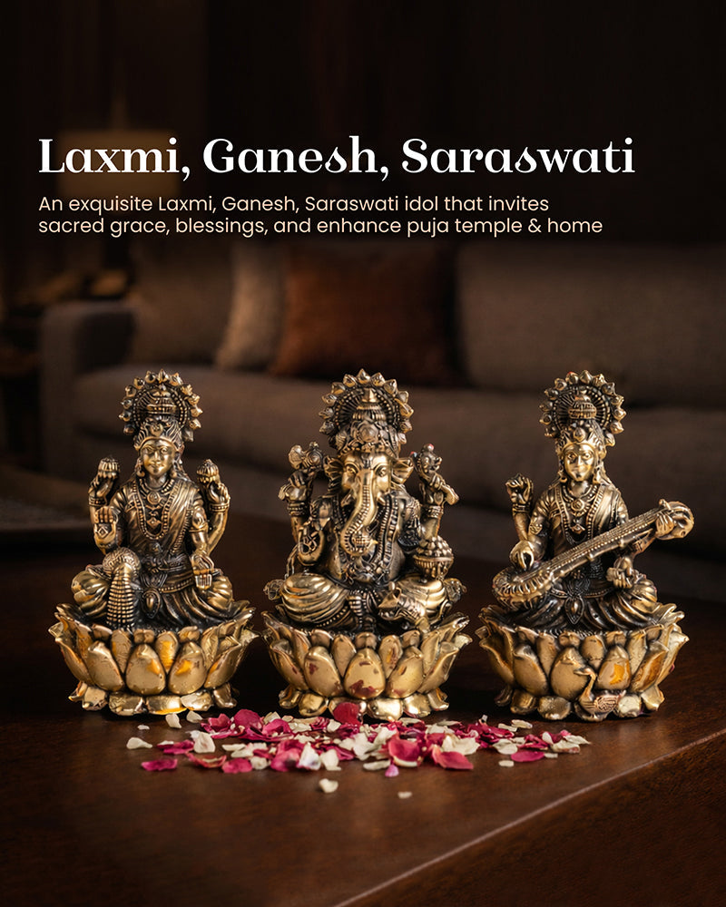 Pure Brass Laxmi Ganesh Sarasvati Idol Spiritual Showpiece