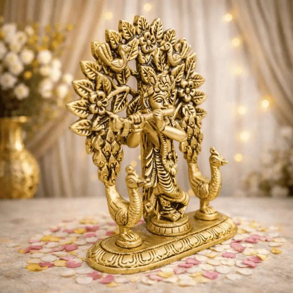 Brass Lord Krishna Standing Statue With Tree And Peacock (5 Inch) Vedansh Craft