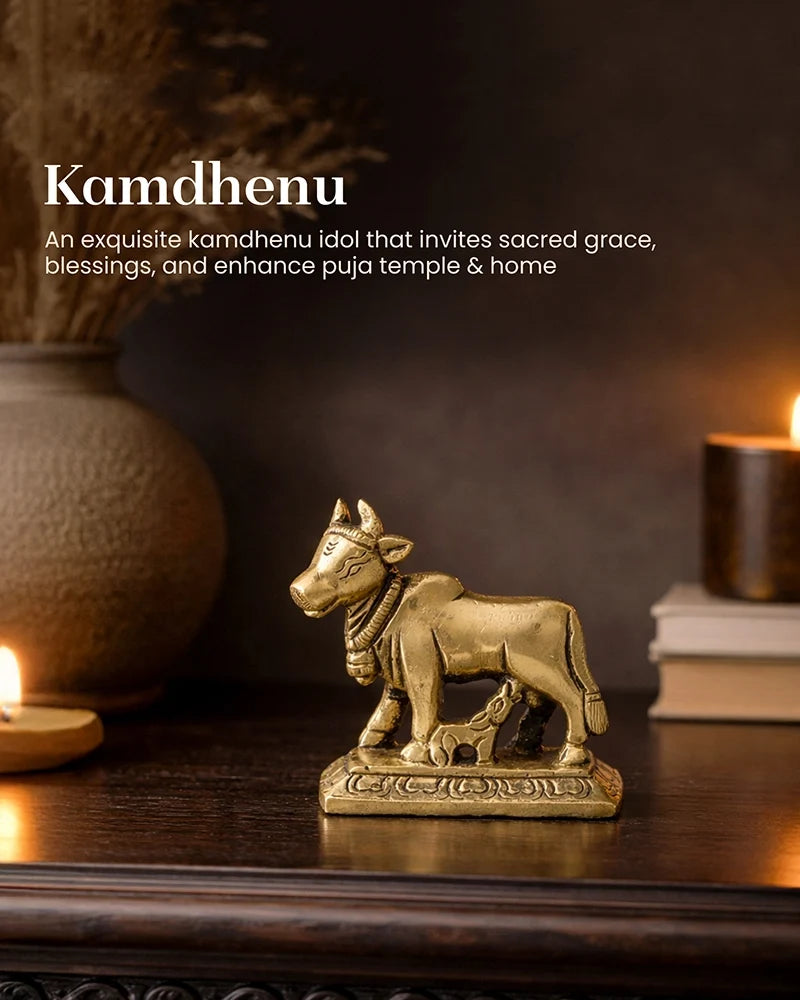 Brass Kamdhenu Idol for Home Temple, Spiritual Decor, and Showpiece