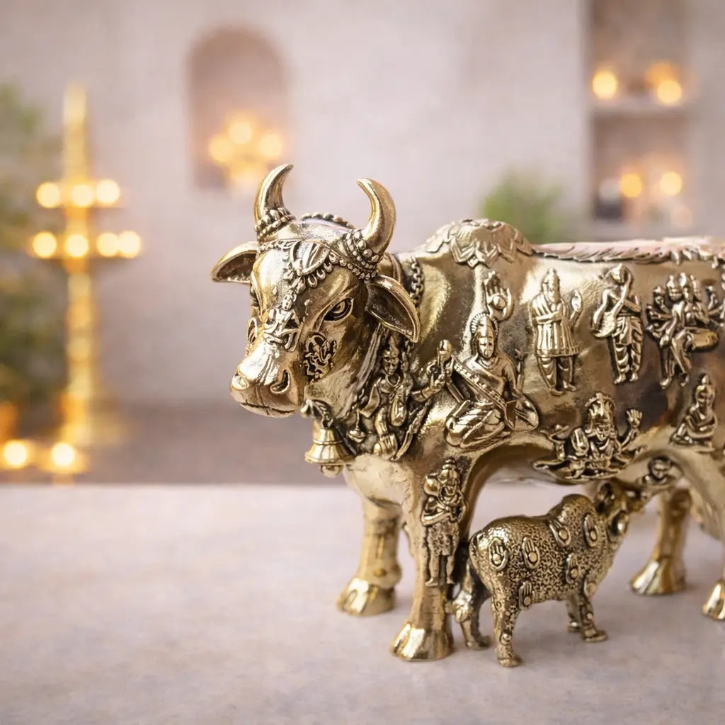Brass Lightweight Kamdhenu Cow With Calf Idol (4 Inch) Vedansh Craft