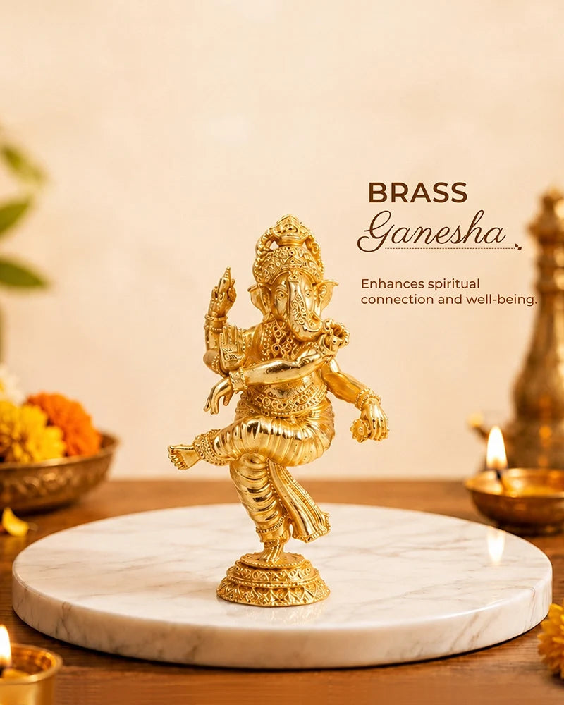 Handcrafted Dancing Brass Ganesha Idol (Gold)