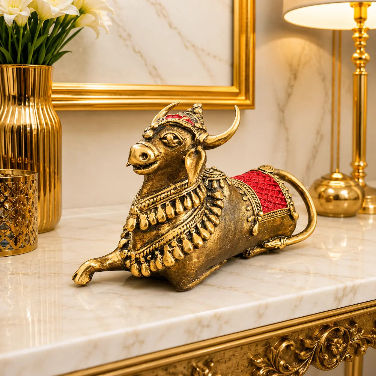 Brass Handcrafted Dhokra Sitting Nandi Idol (4.5 Inch) Vedansh Craft