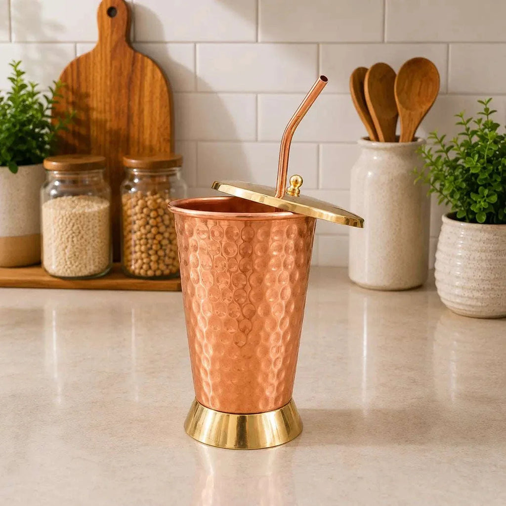 Copper Hammered Glass / Tumbler With Lid And Straw (6 Inch) Vedansh Craft
