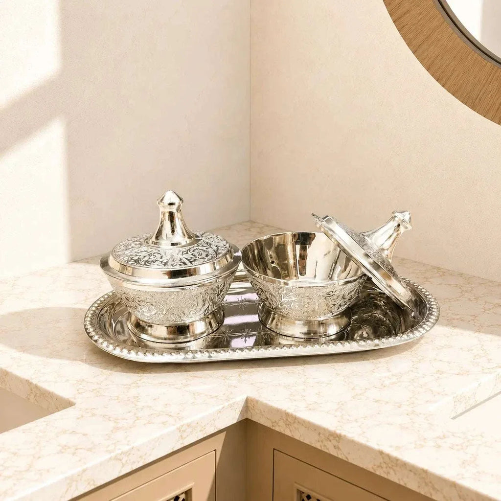 Brass Silver Plated Twin Bowl Set with Lids And Tray (3 Inch) Vedansh Craft