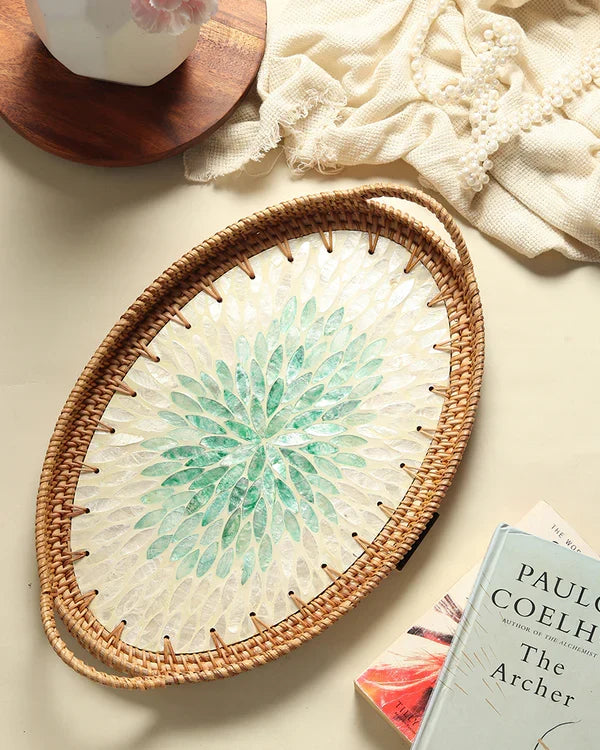Handwoven Oval Cane Tray with Green Rangoli Mosaic for Decorative and Serving Use