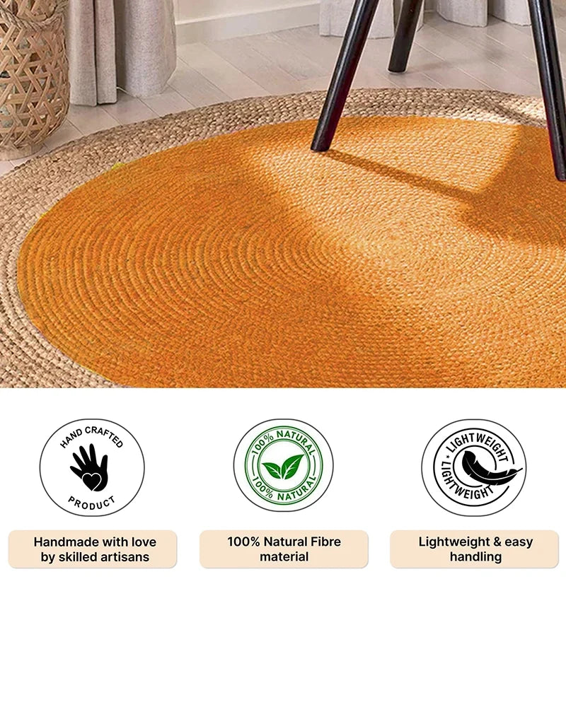 Handcrafted Natural Yellow Round Jute Carpet For Dining Space