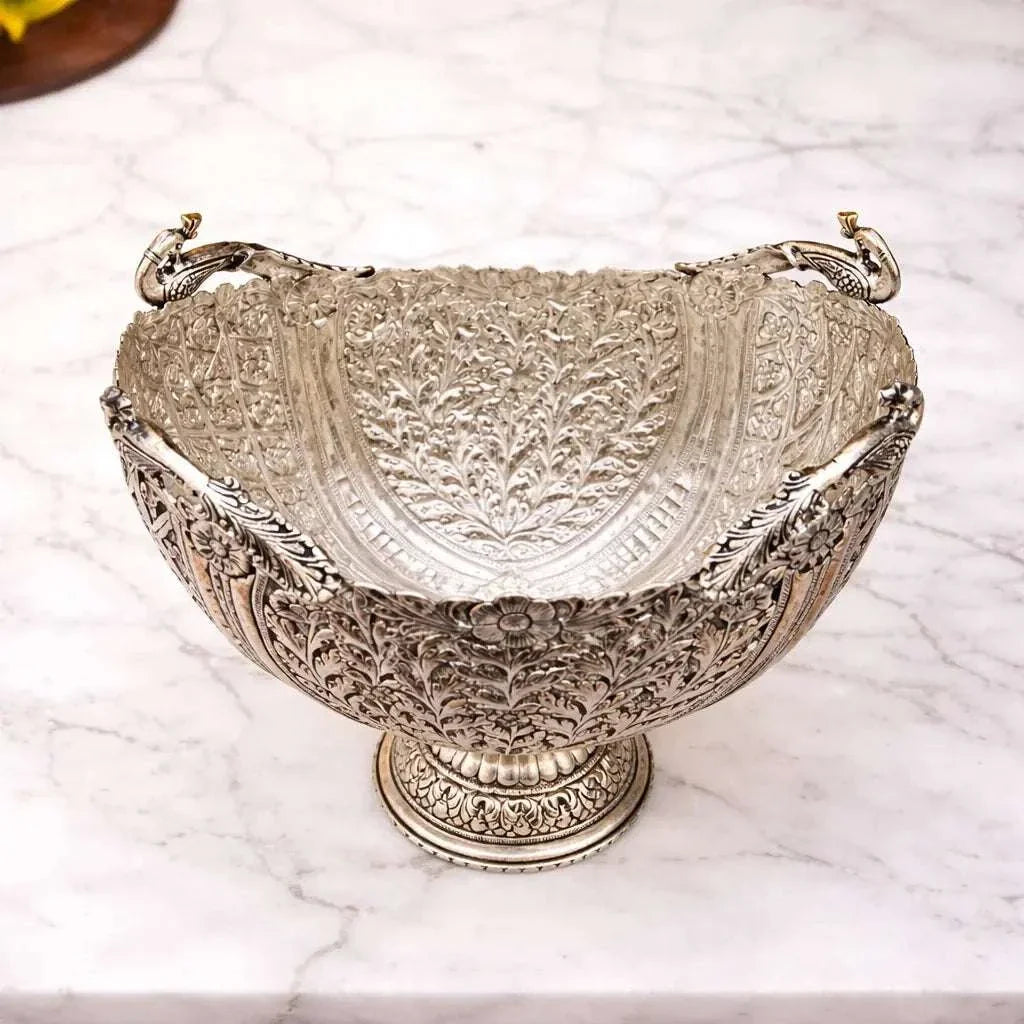 Brass Silver Plated Decorative Basket with Peacock Design (10 Inch) Vedansh Craft