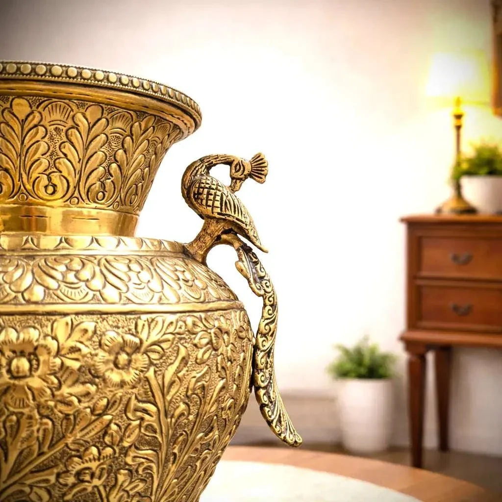 Brass Peacock Flower Vase / Planter Pot (11 Inch) Vedansh Craft