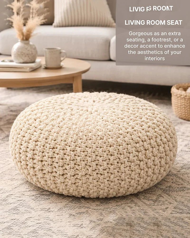 Handwoven Jute Round Pouffe in White for Living Room and Bedroom