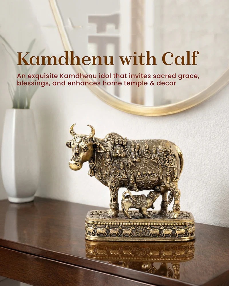 Brass Kamdhenu Cow Idol with Calf for Home Temple and Decor