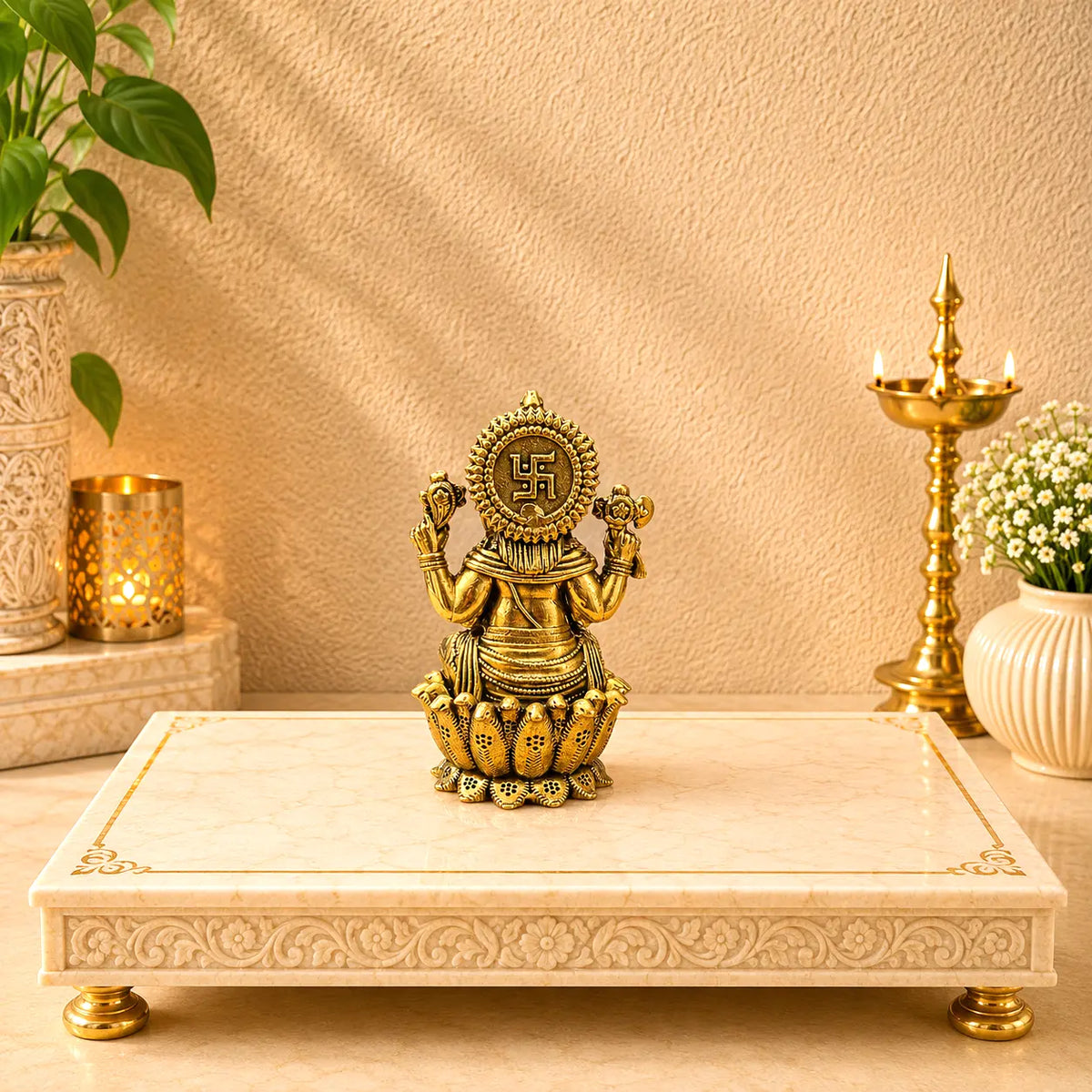 Brass Lightweight Sitting On Louts Ganesha Idol (3.5 Inch) Vedansh Craft