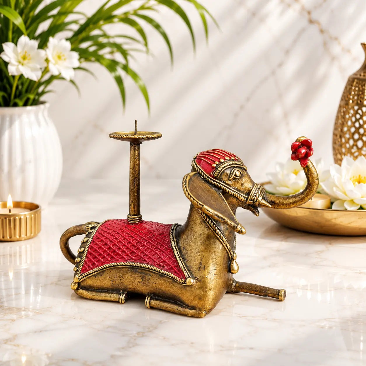 Brass Dhokra Sitting Elephant Statue With Candle Holder (5 Inch) Vedansh Craft