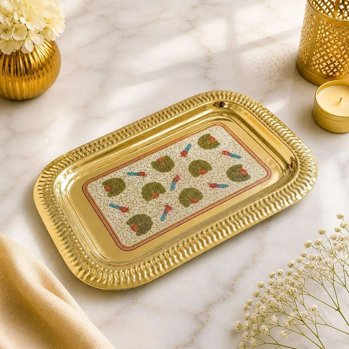 Brass Hand Painted Peacock Serving Tray / Platter Vedansh Craft