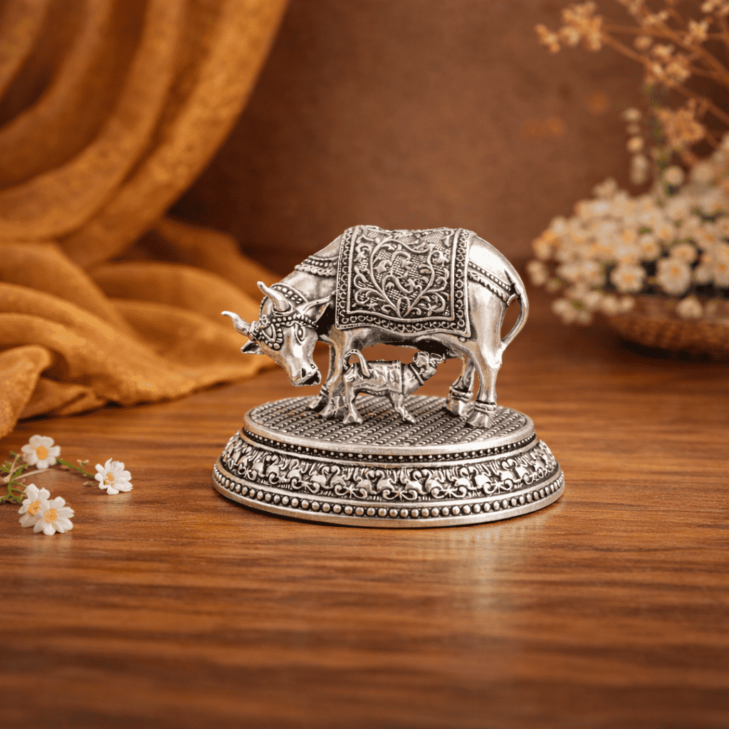 Brass Kamdhenu Cow With Calf Lightweight Idol (2 Inch) Vedansh Craft